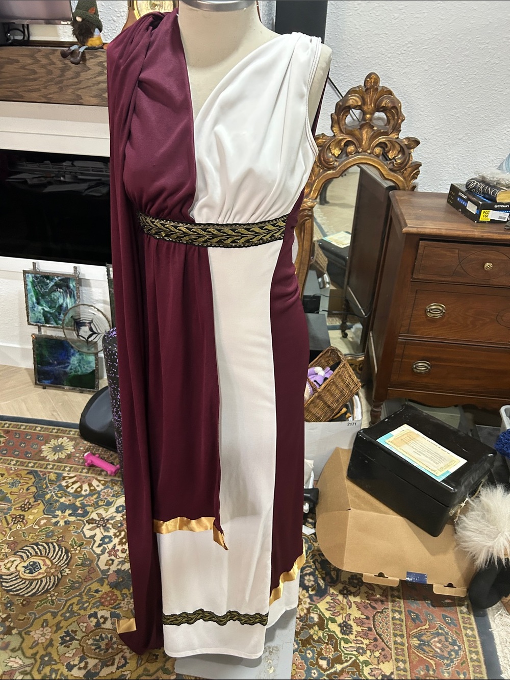 Two-Tone Burgundy and White Grecian costume with Gold Trim